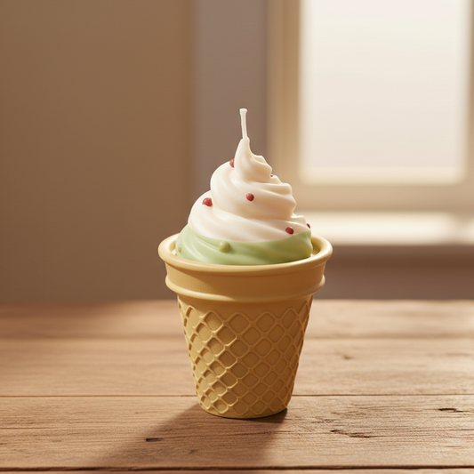 Eco-vela artesanal Velatea con espiral de cera bicolor (verde y blanco nata) y decoraciones rojas, colocada sobre una mesa de madera rústica frente a una ventana luminosa.