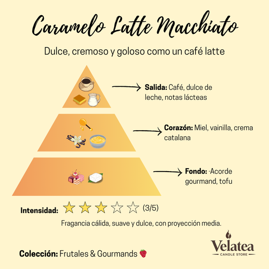 Pirámide olfativa de la fragancia Caramelo Latte Macchiato de Velatea, aroma cálido y goloso con café, vainilla y miel cremosa.