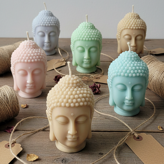 Colección de velas Buda Velatea de soja de primera calidad en colores pastel (menta, rosa, azul) sobre madera rústica y cuerda de yute.