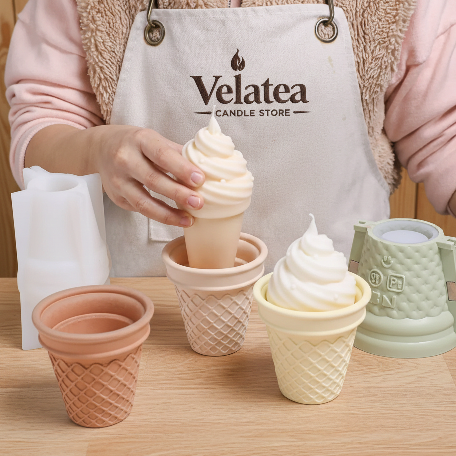 Primer plano de manos artesanas encajando una recarga de vela de soja en forma de helado en un recipiente de resina ecológica sobre una mesa de madera. El trabajador lleva un delantal con el logo de Velatea bordado en marrón, evocando un momento de creación sostenible y bienestar.