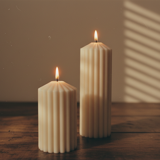 Velas acanaladas decorativas de soja ecológica Velatea encendidas en ambiente cálido