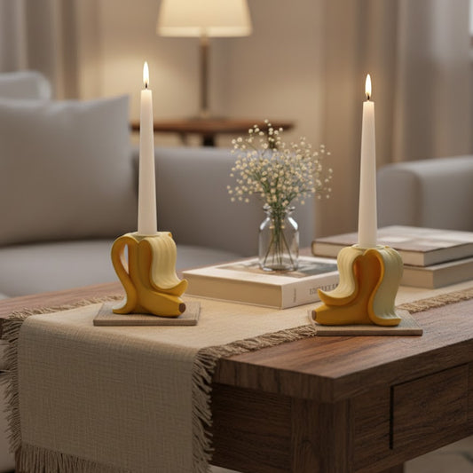 Decoración de salón con portavelas de plátano amarillos sobre camino de mesa de lino, rodeados de libros y flores secas para un ritual de desconexión y slow living.