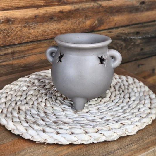 Quemador caldero de estrellas en cerámica esmaltada gris y azul de Velatea