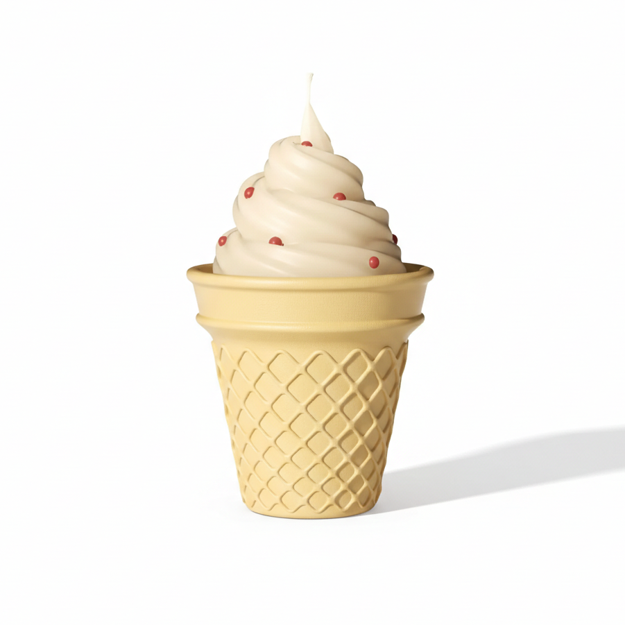 Fotografía de producto sobre fondo blanco de la eco-vela Velatea Ice Cream con cera de color vainilla clásica y pequeñas decoraciones esféricas rojas en el recipiente de cono.