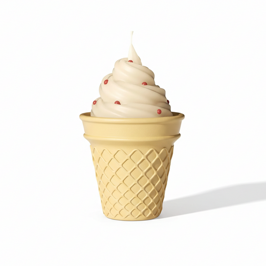 Fotografía de producto sobre fondo blanco de la eco-vela Velatea Ice Cream con cera de color vainilla clásica y pequeñas decoraciones esféricas rojas en el recipiente de cono.