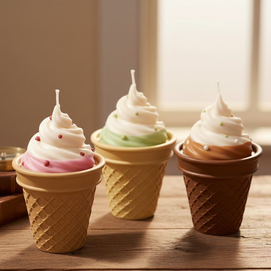 Trío de eco-velas Velatea Ice Cream mostrando diferentes opciones de personalización de color y aroma: fresas con nata (rosa/blanco), menta (verde/blanco) y chocolate (marrón/blanco), sobre una superficie de madera con libros y una brújula.