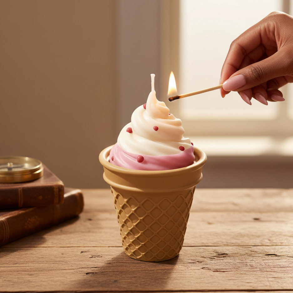 Detalle de una mano femenina encendiendo con una cerilla de madera la mecha de una eco-vela Velatea en forma de helado con cera de colores rosa y blanco.