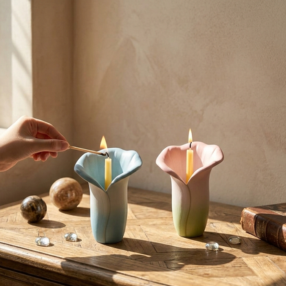 Vela de soja artesanal en recipiente de resina ecológica con forma de lirio azul sobre mesa de madera rústica, momento de bienestar y desconexión.
