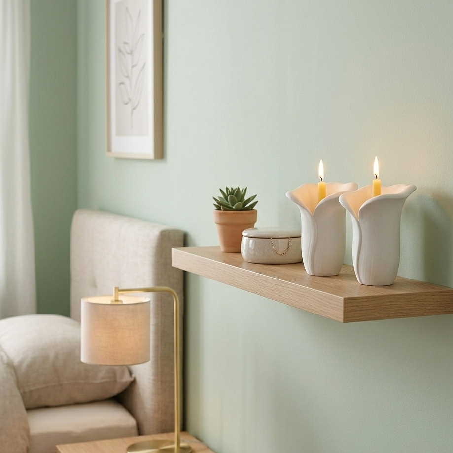 Pareja de velas vegetales de lirio blanco en estantería de madera, creando un ambiente de hogar-refugio y calma en un dormitorio minimalista.
