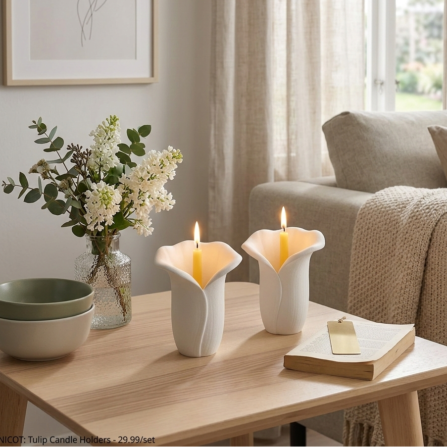 Decoración de salón estilo slow living con velas ecológicas recargables sobre mesa de madera clara, evocando luz natural y orden visual.