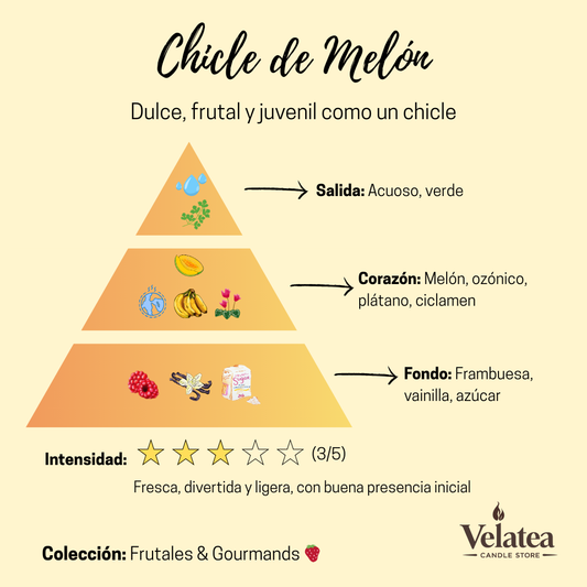 Pirámide olfativa de la fragancia Chicle de Melón de Velatea, aroma fresco y divertido con melón, plátano, frambuesa y vainilla.