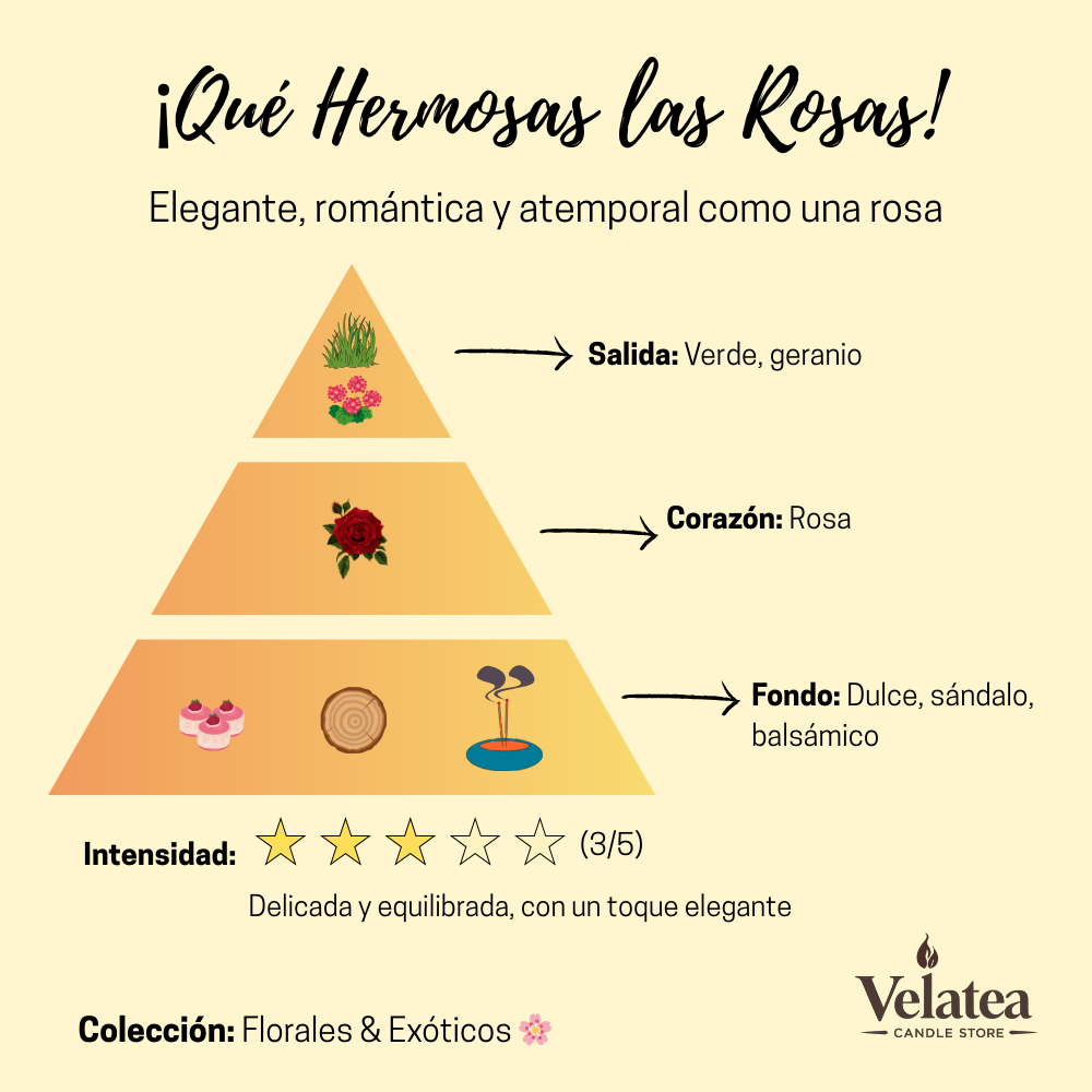 Pirámide olfativa de la fragancia ¡Qué Hermosas las Rosas! de Velatea, aroma floral elegante y romántico con rosa, sándalo y notas dulces.