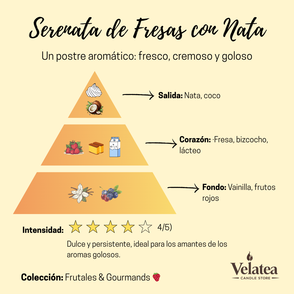 Pirámide olfativa de la fragancia Serenata de Fresas con Nata de Velatea, aroma goloso con fresa, coco, bizcocho y vainilla.