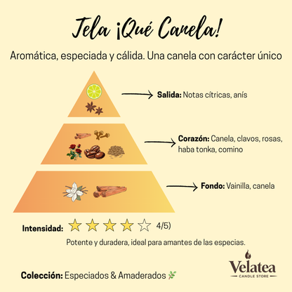 Pirámide olfativa de la fragancia Tela ¡Qué Canela! de Velatea, aroma especiado con canela, clavos, anís, rosas y vainilla.
