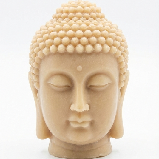 Vela de soja artesanal con forma de cabeza de Buda en tono arena natural sobre fondo blanco minimalista.