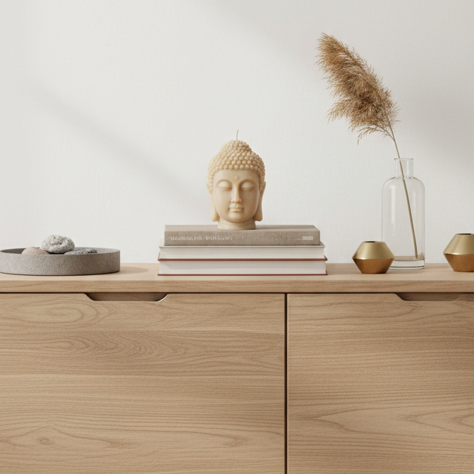 Vela Buda Velatea de sera de soja premium sobre libros y mueble de madera clara, estilo decoración nórdica sostenible.