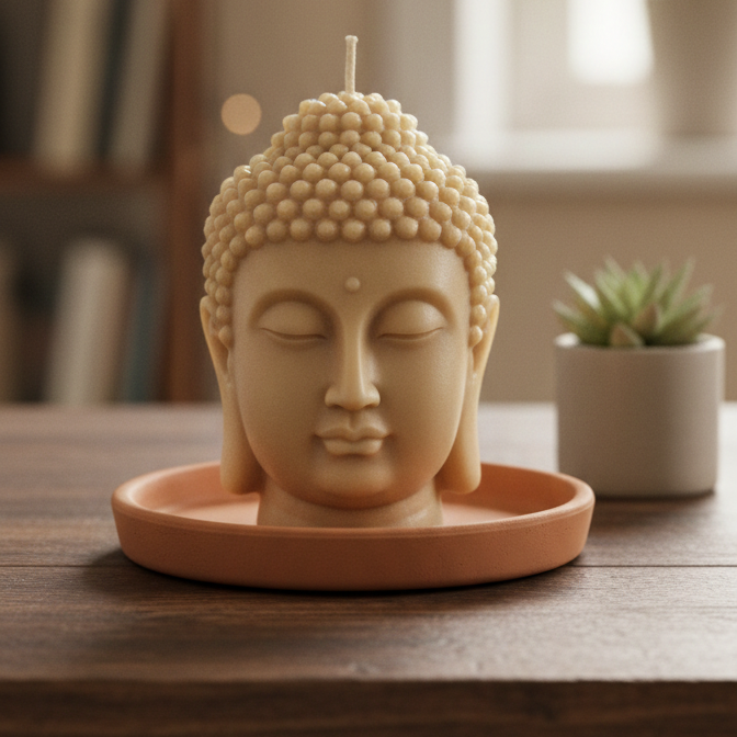 Vela de Buda velatea hecha a mano con soja de alta calidad en plato cerámico rodeada de elementos orgánicos y luz natural cálida.