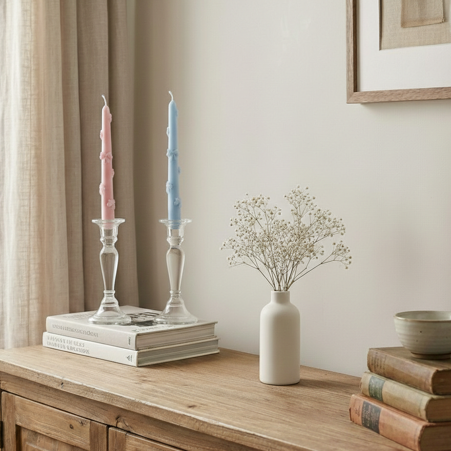  velas cónicas artesanales de soja velatea con relieves de lazos estilo coquette en tonos pastel. Velas cónicas Coquette en candelabros de cristal, ambiente relajante con libros y flores secas.