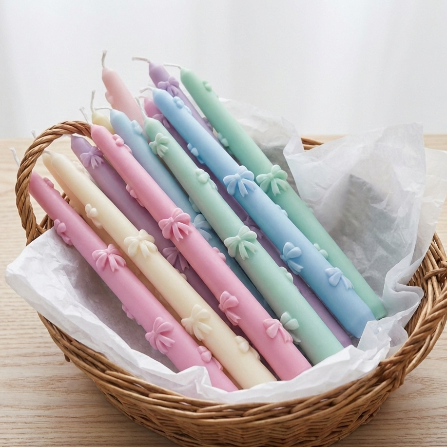  Velas cónicas artesanales de soja Velatea con relieves de lazos en tonos pastel 