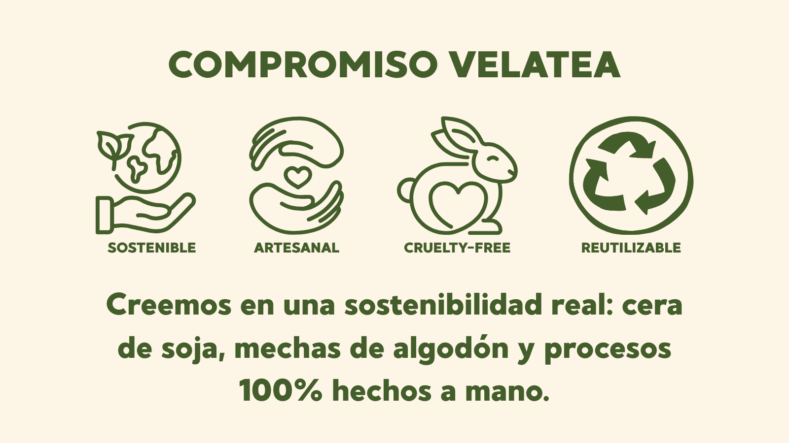 Velas de soja artesanales, cruelty-free y hechas a mano con procesos sostenibles ♻️. Creemos en una sostenibilidad real que cuida tu hogar y el planeta.