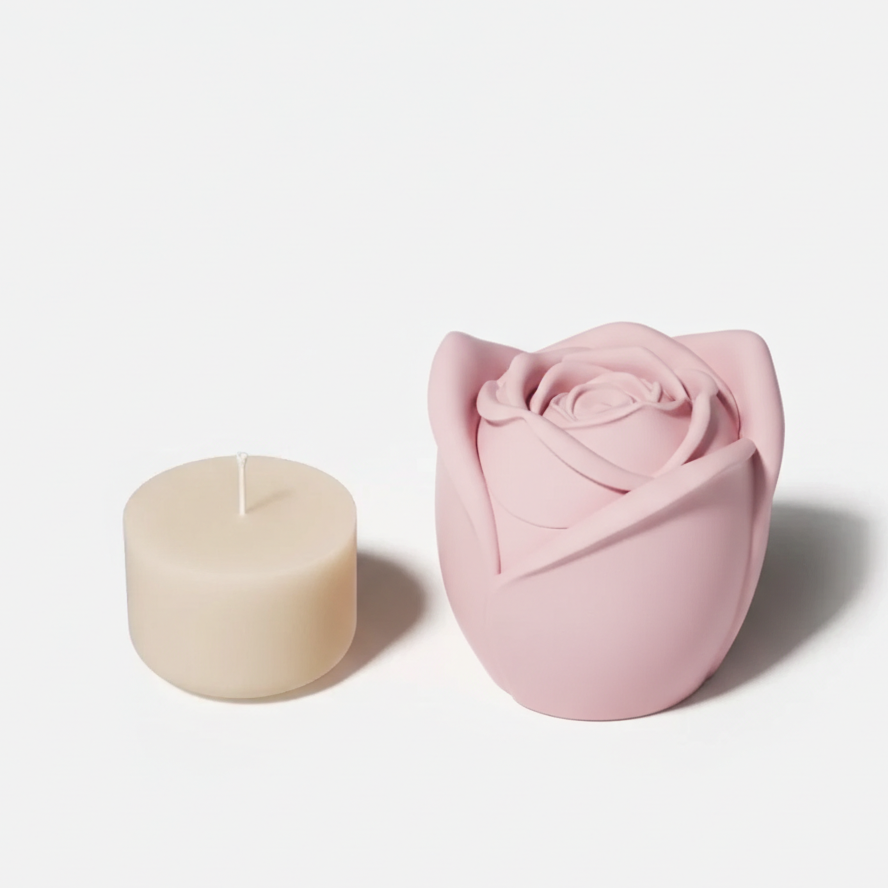Pack de eco-vela recargable: envase artesanal rosa y recarga de cera de soja de 65g, producto artesano local diseñado para durar y reducir residuos.