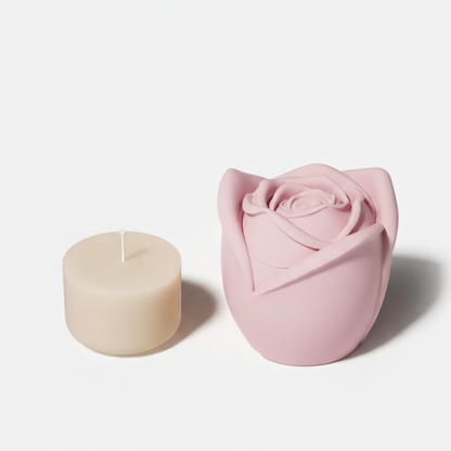 Pack de eco-vela recargable: envase artesanal rosa y recarga de cera de soja de 65g, producto artesano local diseñado para durar y reducir residuos.
