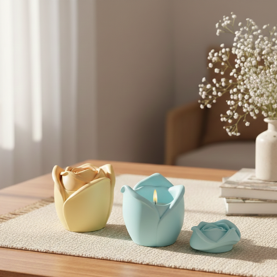 Velas de soja artesanales en recipientes con forma de rosa sobre mesa de madera y tapete de lino, creando un ritual de bienestar en casa con luz natural.
