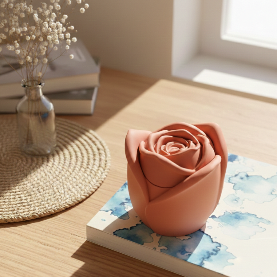 Eco-vela recargable rosa de Velatea sobre libro decorativo y madera, evocando un momento de desconexión y orden visual en un hogar-refugio.