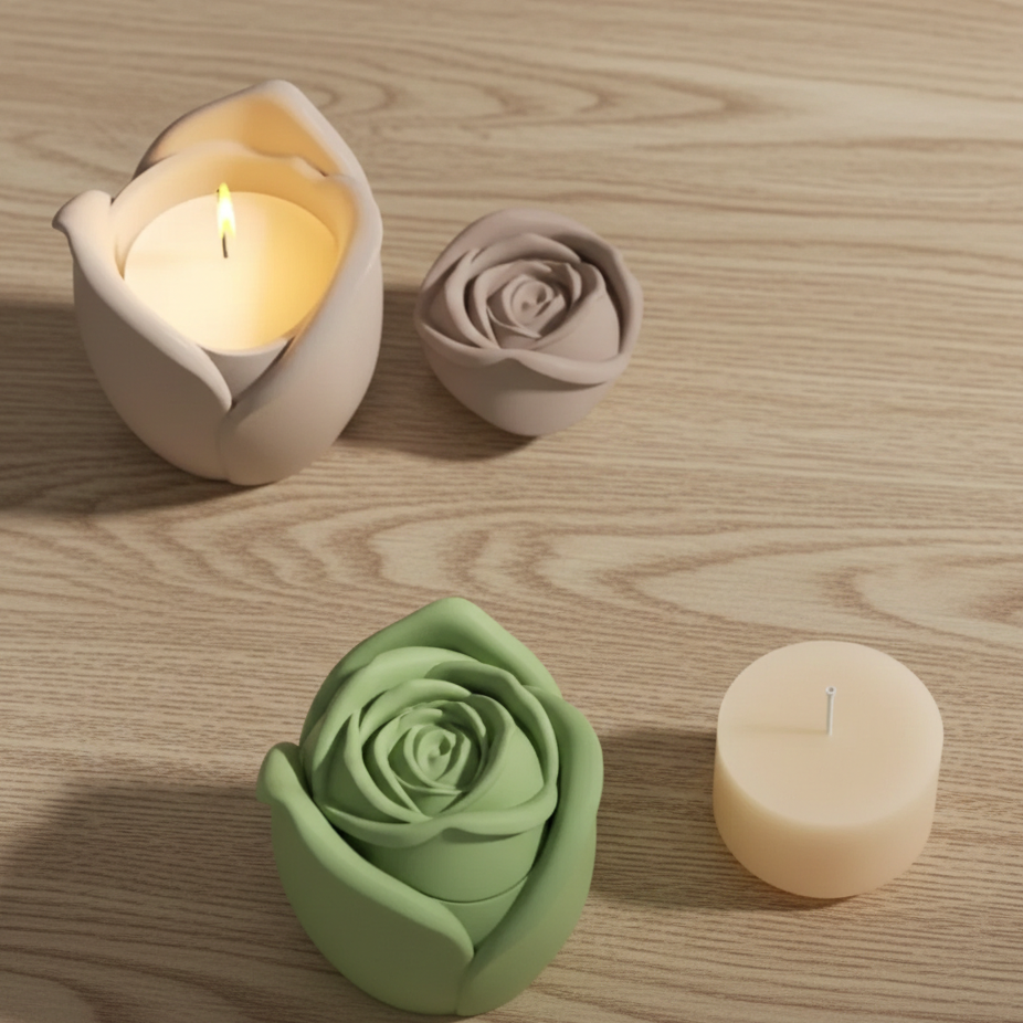 Colección de velas vegetales recargables en tonos orgánicos sobre madera, ideales para aromaterapia en el hogar y amantes del diseño minimalista.