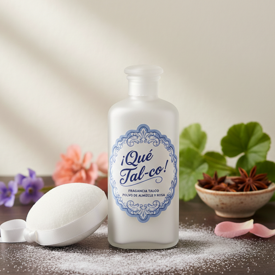 Fragancia ¡Qué Tal-co! con notas empolvadas de violeta y almizcle, evocando suavidad y limpieza.