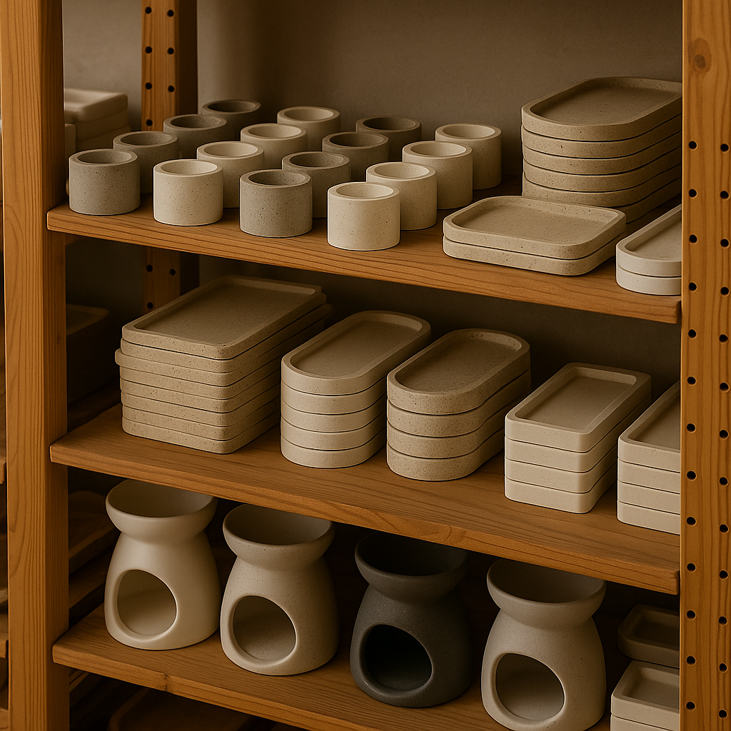 Estantería de taller artesanal con portavelas, bandejas y quemadores ecológicos, categoría Portavelas & Accesorios de Velatea.