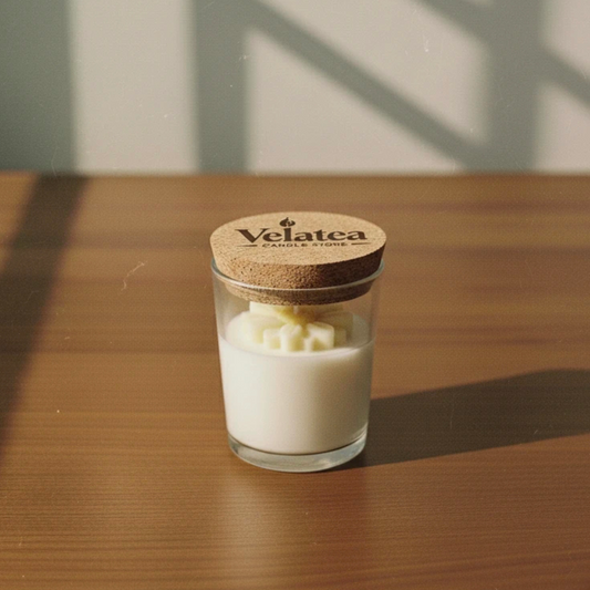 Vela en vaso Margarita artesanal de cera de soja ecológica con tapa de corcho, hecha a mano en España.
