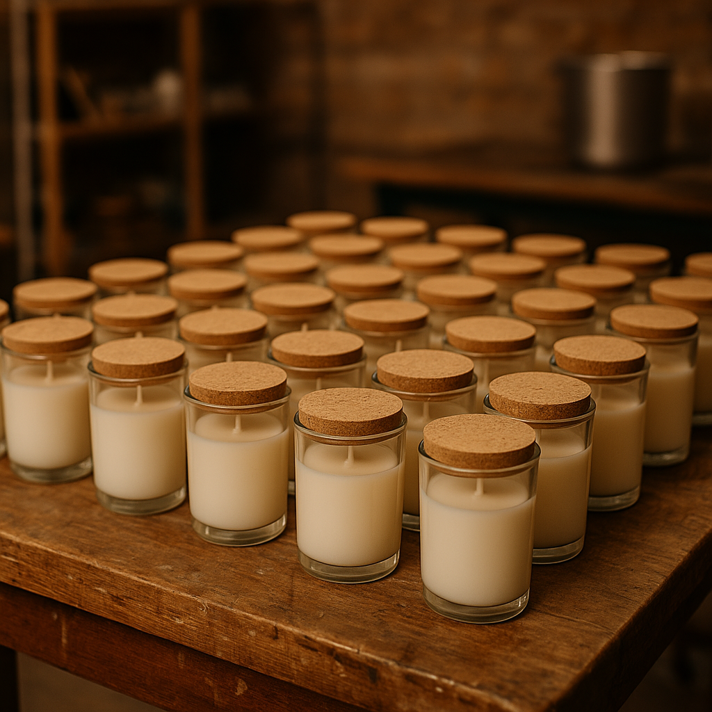 Fotografía de velas en recipiente Velatea, hechas a mano en España con cera de soja ecológica.