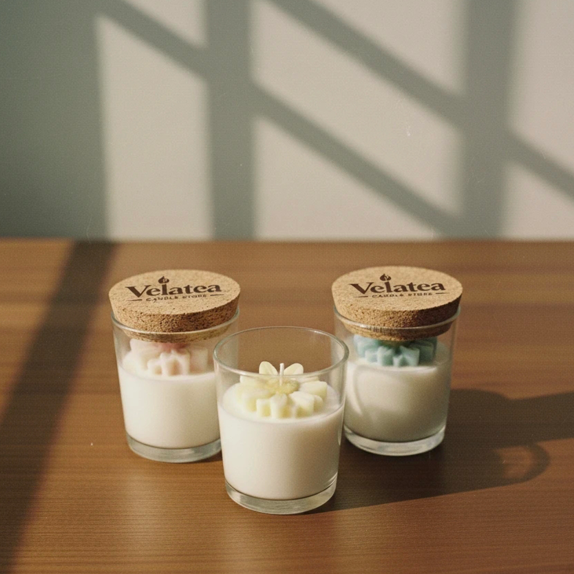 Velas en vaso Margarita decoradas con flores de cera en varios colores, personalizables en fragancia y color.