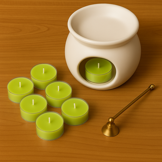 Set de 6 velitas de té de cera de soja Velatea con aroma a gardenias y flores blancas en envase transparente.