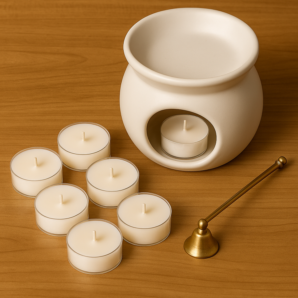 Pack de 6 velitas de té de cera de soja Velatea aroma ¡Qué Tal-co! en recipiente transparente.