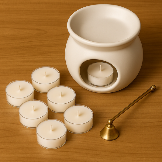 Pack de 6 velitas de té de cera de soja Velatea aroma ¡Qué Tal-co! en recipiente transparente.