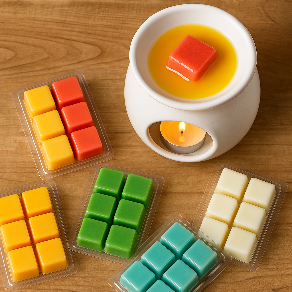 Pastillas de cera aromática (wax melts) de colores junto a un quemador de esencias con vela de té, categoría Wax melts de Velatea.