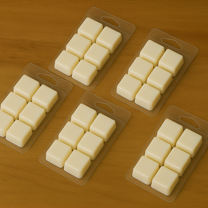 Tableta de 6 wax melts de cera de soja Velatea con aroma a talco y flores blancas.